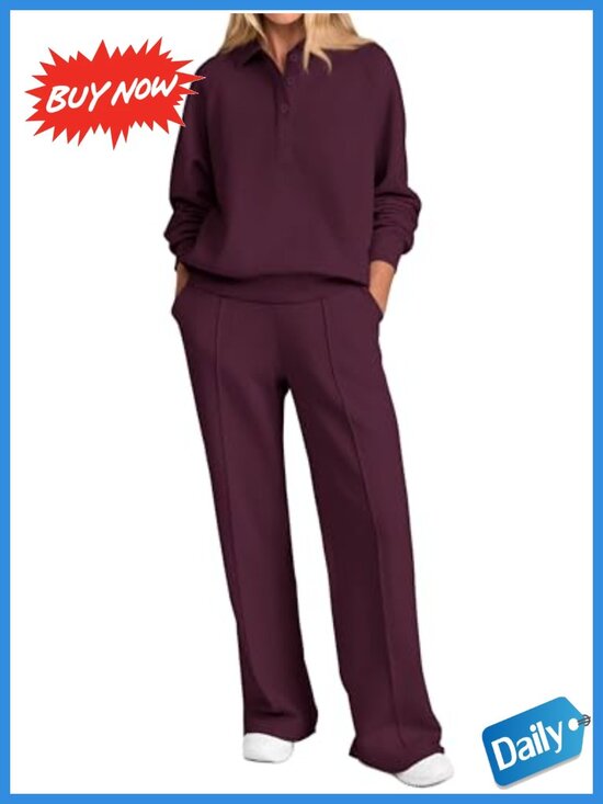 Pants - Womens 2 Piece Sweatsuit Set Quarter Button Wide Leg Lounge Travel Outfit